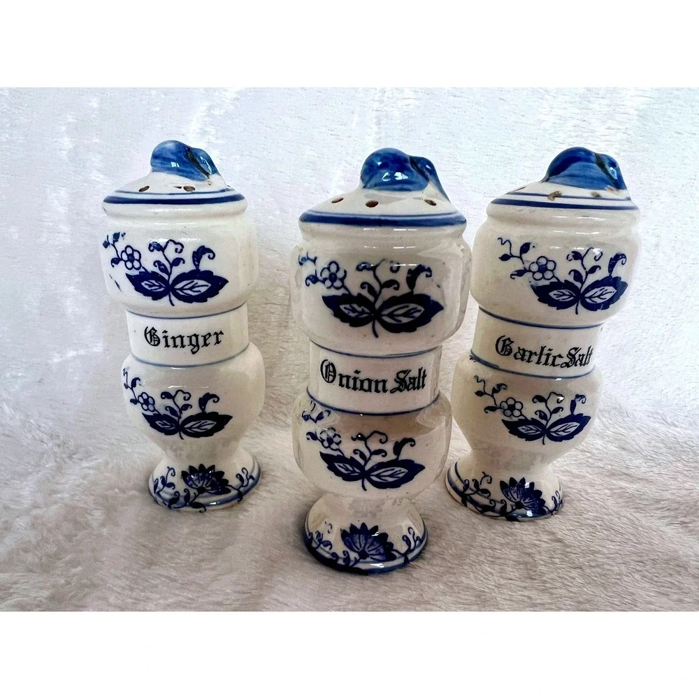 Vintage Blue Onion Decor Ceramic Spice Jar Set Garlic Salt Onion Ginger Japan